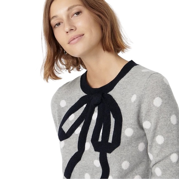 J. Crew Heather Gray Cashmere Navy Bow Detail Polka Dot Crewneck Sweater - M - Picture 2 of 14